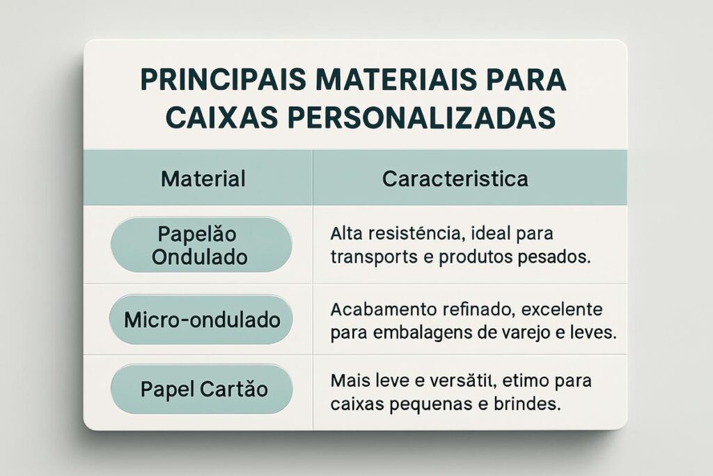 Tabela moderna mostrando tipos de materiais usados em caixas personalizadas — papelão ondulado, micro-ondulado e papel cartão.