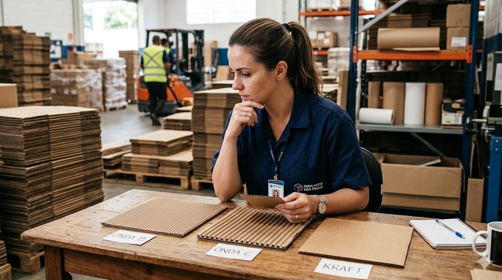 funcionaria escolhendo caixa de papelao